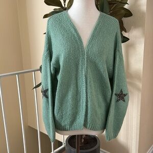 Cardigan Open Front Glitter Star Elbow Patch Mint Green Large Boutique Brand